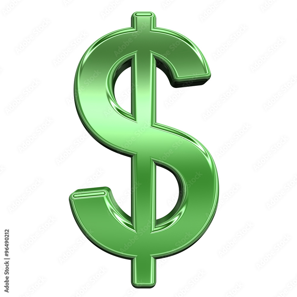 Fototapete dollar sign from shiny green alphabet set, isolated on white. computer generated 3d photo rendering.