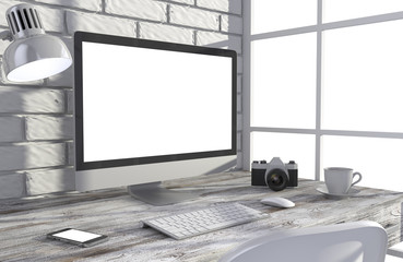 Fototapeta premium 3D illustration PC screen on table in office, Workspace