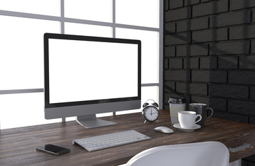 3D illustration PC screen on table in office, Workspace