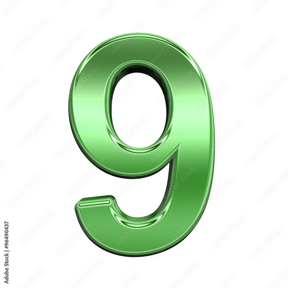 Fototapete one digit from shiny green alphabet set, isolated on white. computer generated 3d photo rendering.