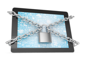 tablet PC with chains and lock isolated on white background