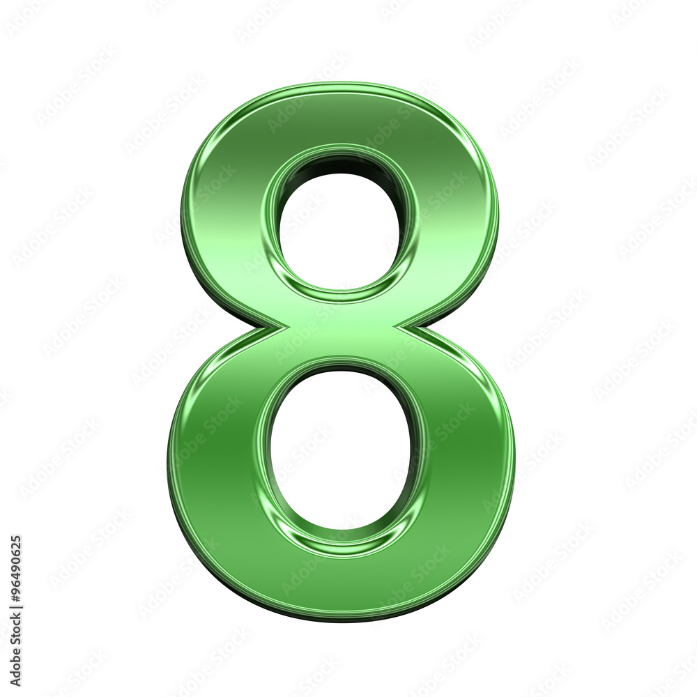 Fototapete one digit from shiny green alphabet set, isolated on white. computer generated 3d photo rendering.