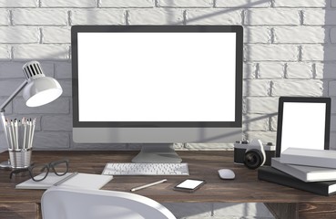 Fototapeta premium 3D illustration PC screen on table in office, Workspace