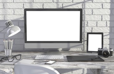 Fototapeta premium 3D illustration PC screen on table in office, Workspace