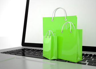 laptop and  shopping pags on white background