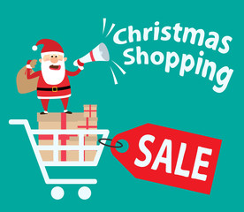 santa claus with megaphone standing on shopping cart.christmas shopping.christmas sale.