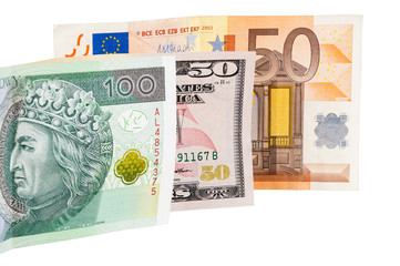 Banknotes of dollars euro and polish zloty