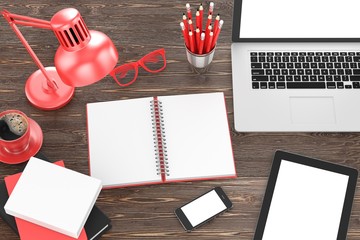 laptop and office stuff, workplace, top view