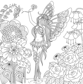 Hand drawn fairy flying in flower land for color book for adult