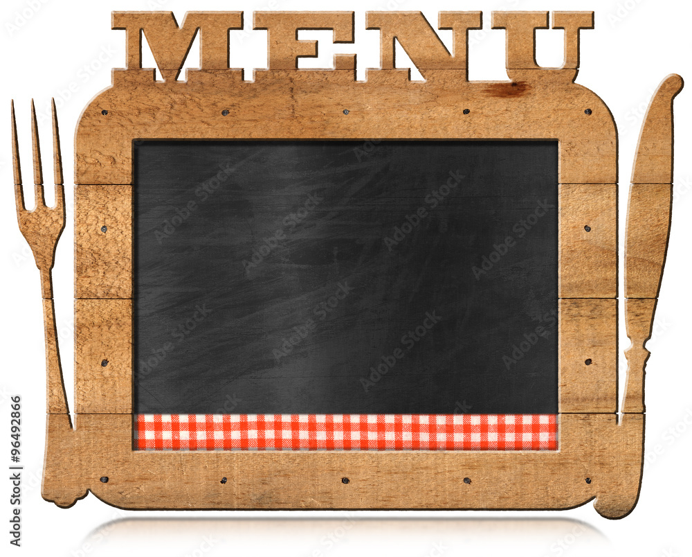 Poster blackboard with text menu and cutlery / empty blackboard with checkered tablecloth, wooden frame wit