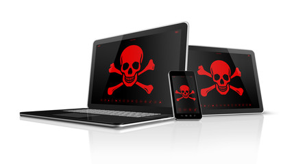 Laptop tablet pc and smartphone with pirate symbols on screen. H
