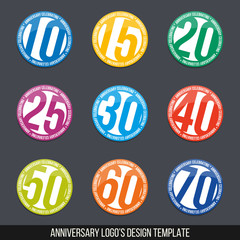 Vector set of anniversary color signs, symbols. 10, 15, 20, 25, 30, 40, 50,60, 70 years jubilee design elements collection. 10th, 15th, 20th, 25th, 30th, 40th, 50th,60th, 70th anniversary logo.