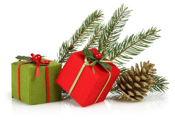Fototapeta na wymiar Christmas gift boxes and tree branch
