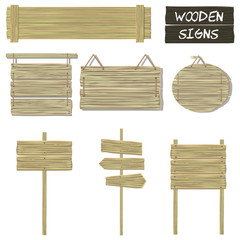 Wooden signs. Vector set of wood signboards, hanging signs and signposts. Isolated elements on white background