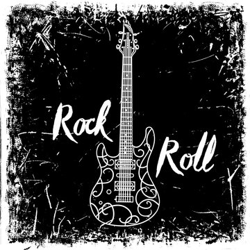 Vintage hand drawn poster with electric guitar and lettering rock and roll on grunge background. Retro vector illustration. Design, retro card, print, t-shirt, postcard