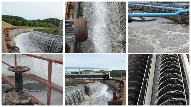 Waterworks. Sewage waste water treatment plant. Water sedimentation and filtration. Montage of video clips collage. Split screen. White round corner frame. Full HD 1080p.
