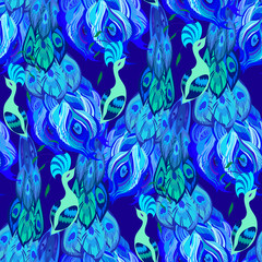 Peacock birds. Deep blue seamless pattern background. Vector illustration.