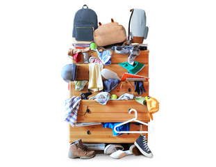 Mess, dresser with scattered clothes, shoes and other things