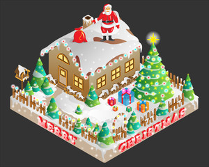 Obraz premium Vector ilustration of Santa Claus standing on the roof.of decorated house on Christmas Eve shown in isometric view.