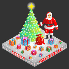 Vector illustration of Santa Claus stadning next to a Christmas tree with christmas presents scattered across the floor.