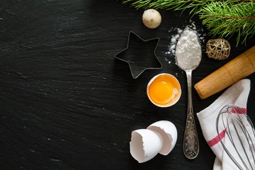 Christmas baking background, dark stone background