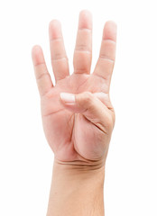 Male hand holding four fingers up, With clipping path.