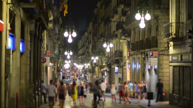Nightlife in Barcelona, Spain, view of a crowded street