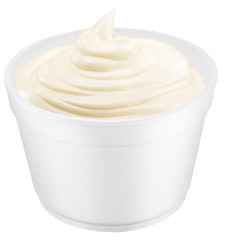 Mayonnaise sauce in the plastic cup.