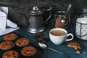Coffee with milk and homemade oatmeal cookies