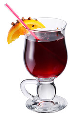 Glass of mulled wine decorated with orange.