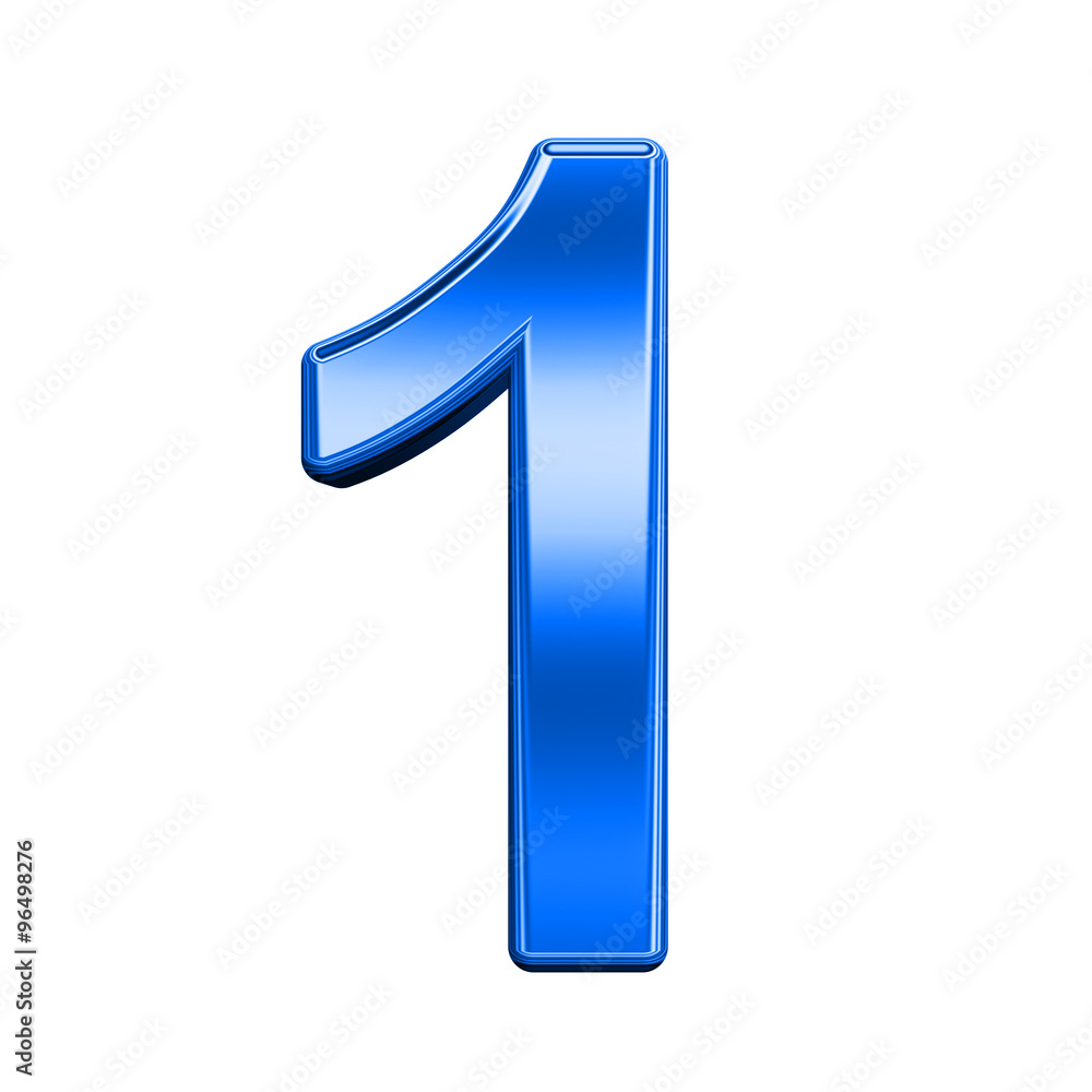 Fototapete one digit from shiny blue alphabet set, isolated on white. computer generated 3d photo rendering.