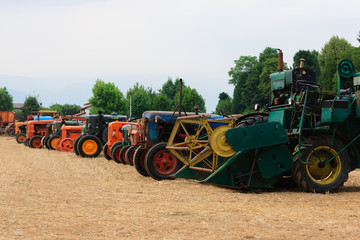 Detail of old tractors in perspective, agricultural vehicle, rural life