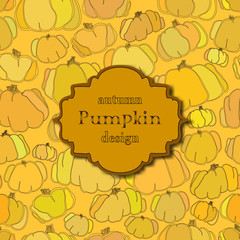 Golden autumn background with seamless pumpkin pattern and retro label.