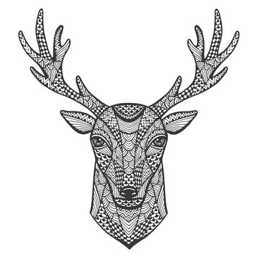 Hand-drawn portrait of a deer in the style of zentangle.