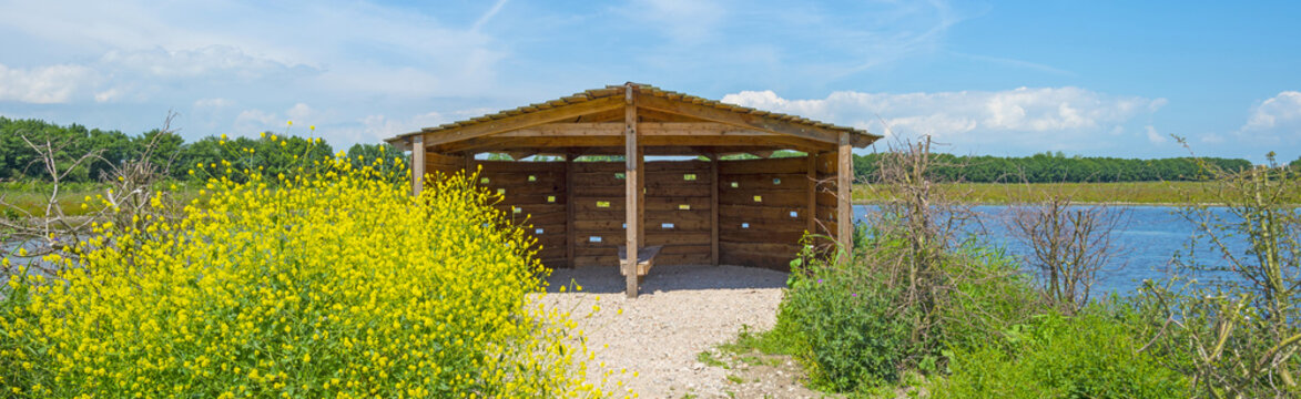 Wooden bird hide along a lake in summer