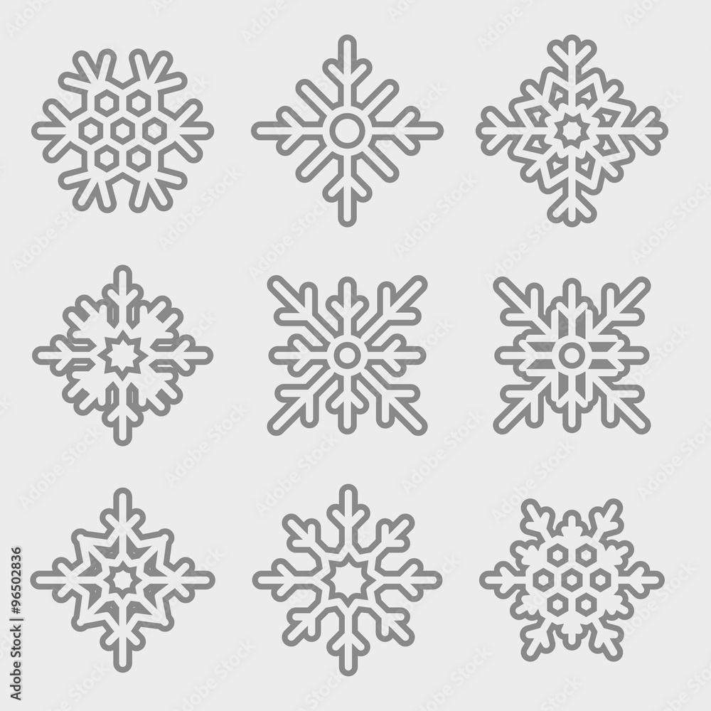Poster vector set of linear snowflakes. thin line snowflakes isolated on light background.