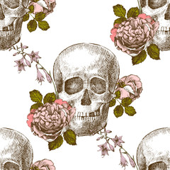 Seamless pattern skull with flowers
