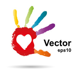 Vector onceptual children painted hand print and heart isolated