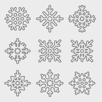 Vector Set of linear Snowflakes. Thin line snowflakes isolated on  light background.