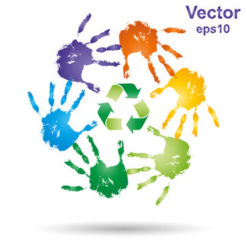 Vector conceptual children painted hand print and recycle symbol