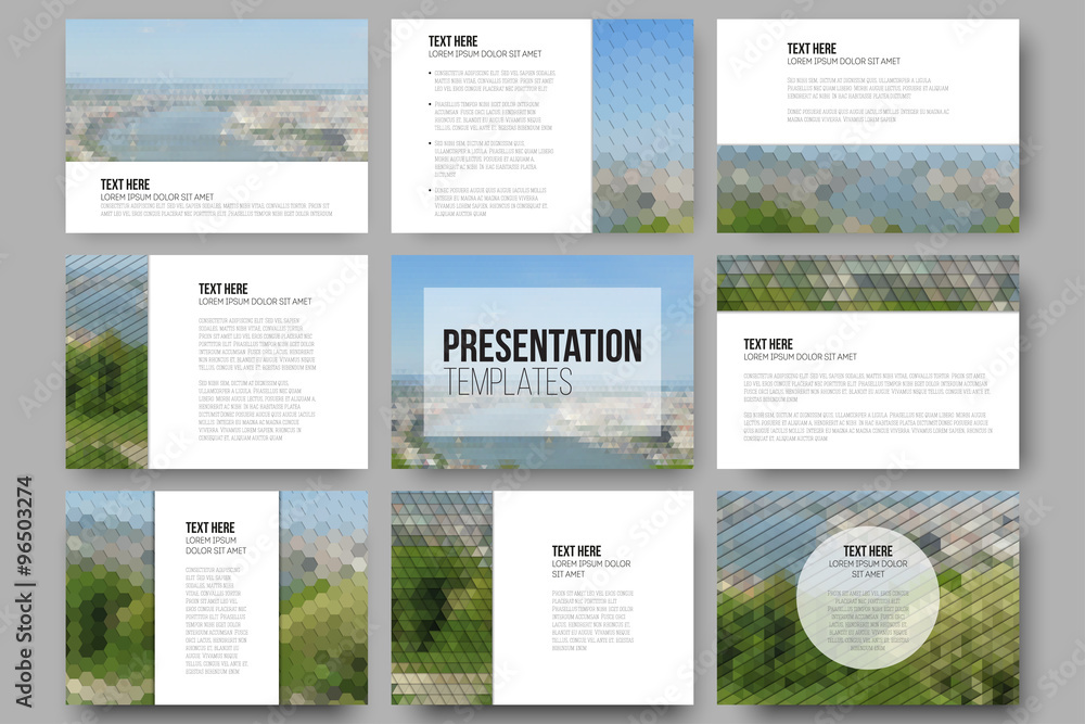 Poster set of 9 templates for presentation slides. nature landscape. abstract multicolored backgrounds. nat