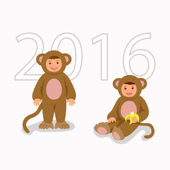 Children in costume monkeys. Isolated characters boy and girl in themed costumes for the New Year and Christmas