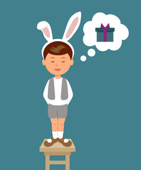Cute boy in bunny costume, recited poems dreaming about a gift