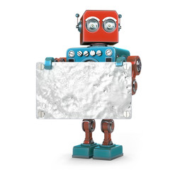 Retro robot with metallic blank board. Isolated. Contains clipping path