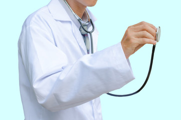 A doctor listening with a stethoscope,isolated on blue backgroun