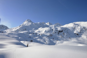 Fototapeta na wymiar Snow covered peaks of Alps