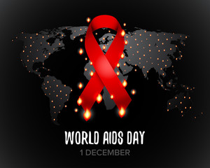 Red ribbon of aids awareness with text for 1st December World Aids Day. World map. Isolated vector illustration.