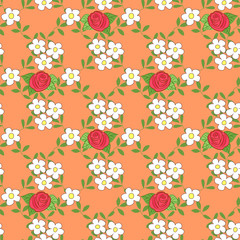 Seamless pattern with cartoon daisies and roses.