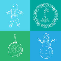 Christmas snowman, gingerbread, candy cane, ball, mistletoe