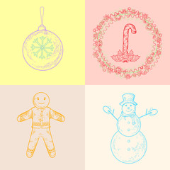 Christmas snowman, gingerbread, candy cane, ball, mistletoe